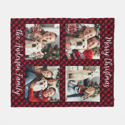 Christmas Plaid Familie Custom Modern 4 Afbeelding Fleece Deken (Voorkant (Horizontaal))