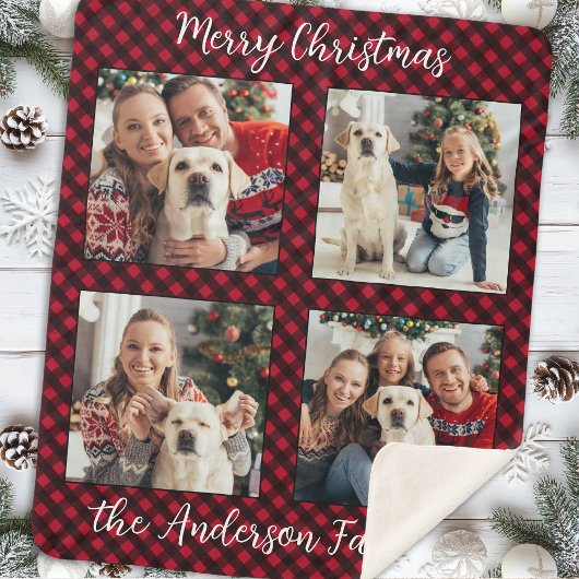 Christmas Plaid Familie Custom Modern 4 Afbeelding Sherpa Deken