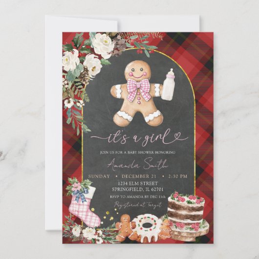 Christmas Plaid Gingerbread Baby shower Girl Kaart (Voorkant)