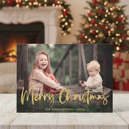 Christmas Plaid Gold Foil Script Holiday Photo Feestdagenkaart