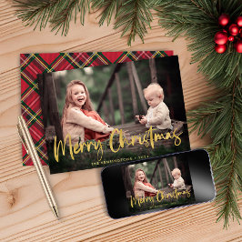Christmas Plaid Gold Foil Script Holiday Photo Feestdagenkaart