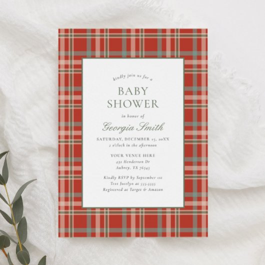 Christmas Plaid Holiday Baby shower Kaart