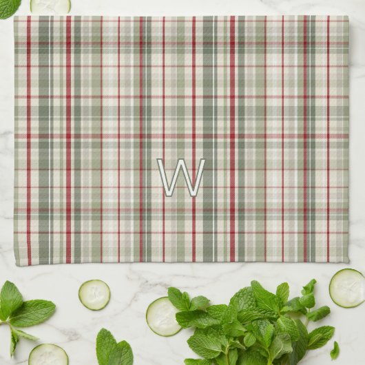 Christmas Plaid Monogram - rustic green red ivory Theedoek (Gevouwen)