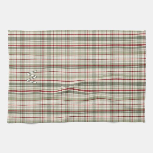 Christmas Plaid Monogram - rustic green red ivory Theedoek (Horizontaal)