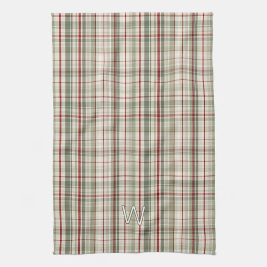 Christmas Plaid Monogram - rustic green red ivory Theedoek (Verticaal)