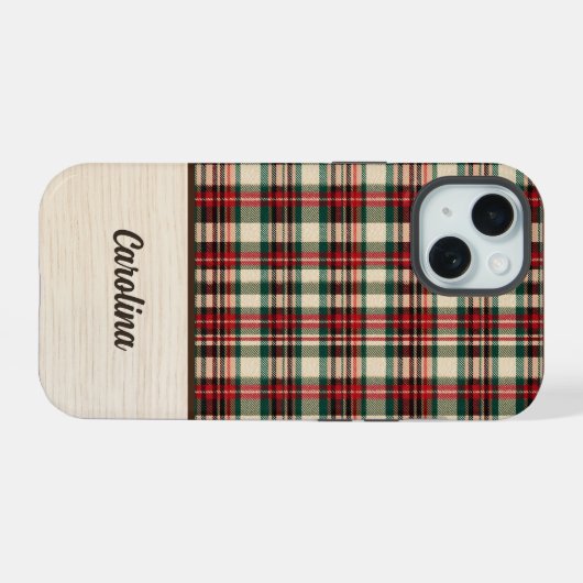 Christmas Plaid Phone Case | Personalized Name iPhone 15 Case (Achterkant horizontaal)
