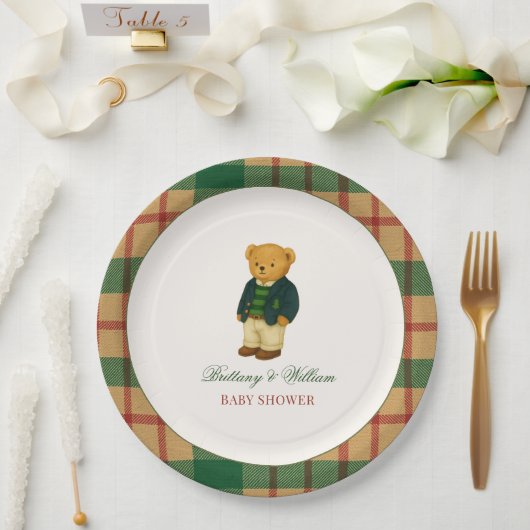 Christmas Plaid Preppy Bear Baby Shower Papieren Bordje (Huwelijk)