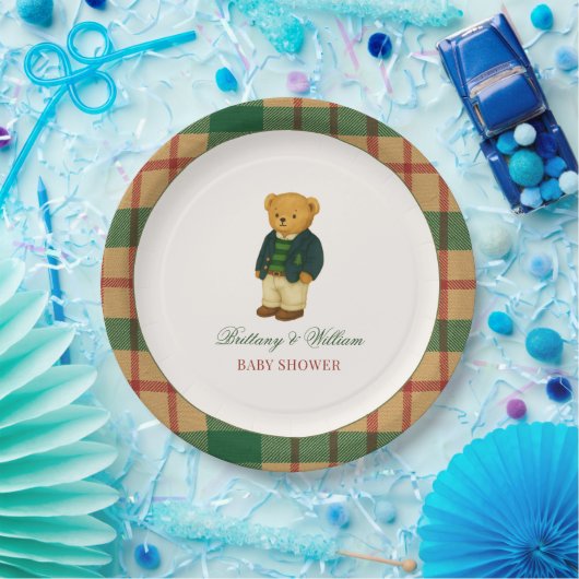 Christmas Plaid Preppy Bear Baby Shower  Papieren Bordje (Feest)