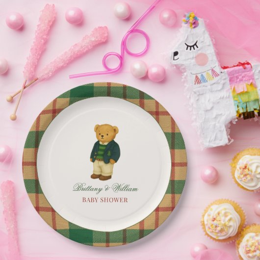 Christmas Plaid Preppy Bear Baby Shower Papieren Bordje (Feest)