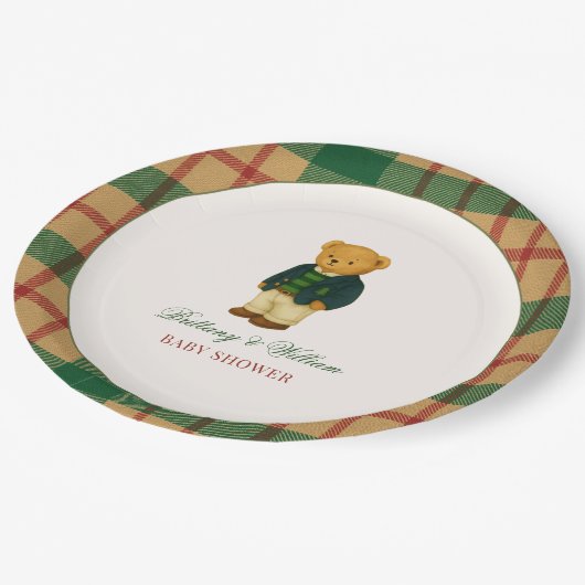 Christmas Plaid Preppy Bear Baby Shower  Papieren Bordje (Gekanteld)