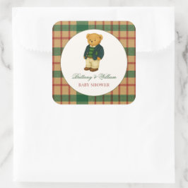 Christmas Plaid Preppy Bear Baby Shower  Vierkante Sticker