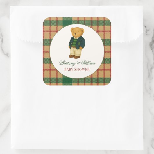 Christmas Plaid Preppy Bear Baby Shower  Vierkante Sticker (Tas)