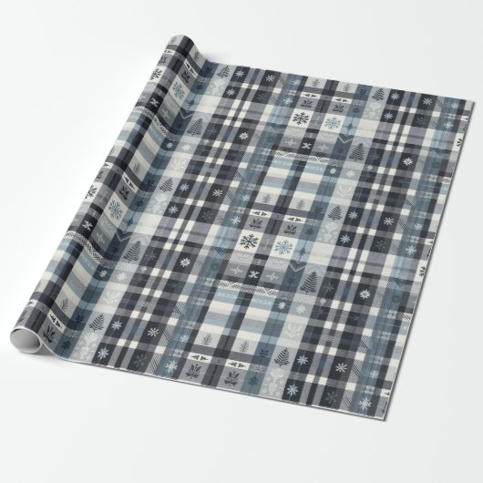 Christmas Plaid Snowflake & Tree Cadeaupapier (Uitgerold)