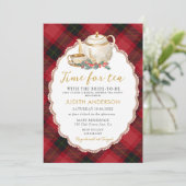 Christmas Plaid Tea Party Bridal Shower Invitation Kaart (Staand voorkant)