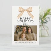 Christmas Plaid Trendy Bow Foto Vakantie Flat Kaar Kaart (Staand voorkant)