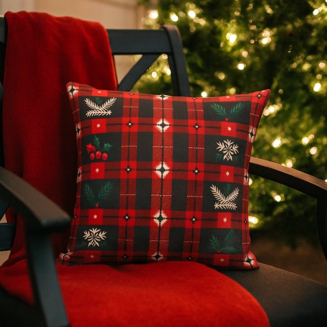 Christmas Plaid with Snowflakes & Evergreen  Buitenkussen (Festive Christmas plaid with holly and evergreen accents.  A fun pillow for outdoor gatherings )