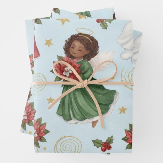 Christmas Poinsettia Angels Wrapping Paper Sheets (In situ)