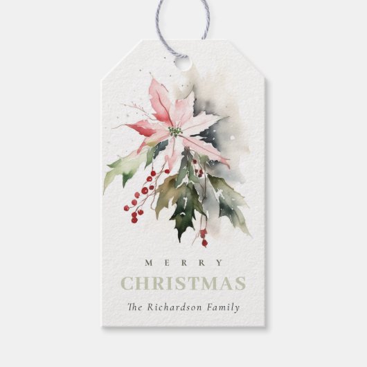 Christmas Poinsettia Berries Foliage Waterverf Cadeaulabel (Voorkant)