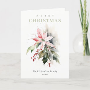 Christmas Poinsettia Berries Foliage Waterverf Feestdagen Kaart