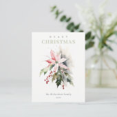 Christmas Poinsettia Berries Foliage Waterverf Feestdagenkaart (Staand voorkant)