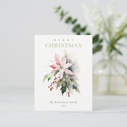 Christmas Poinsettia Berries Foliage Waterverf Feestdagenkaart (Staand voorkant)