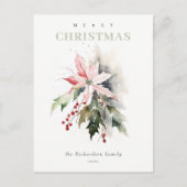 Christmas Poinsettia Berries Foliage Waterverf Feestdagenkaart (Voorkant)