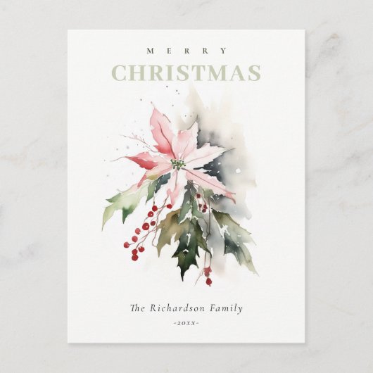 Christmas Poinsettia Berries Foliage Waterverf Feestdagenkaart (Voorkant)