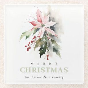 Christmas Poinsettia Berries Foliage Waterverf Glazen Onderzetter