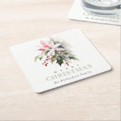 Christmas Poinsettia Berries Foliage Waterverf Kartonnen Onderzetters (Schuin)