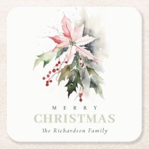 Christmas Poinsettia Berries Foliage Waterverf Kartonnen Onderzetters