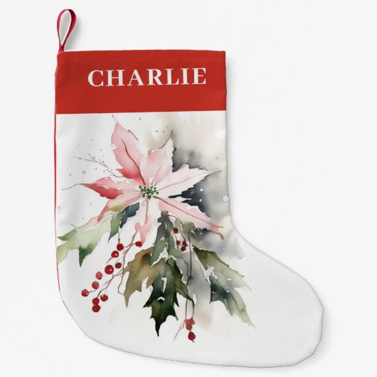 Christmas Poinsettia Berries Foliage Waterverf Kleine Kerstsok (Voorkant)