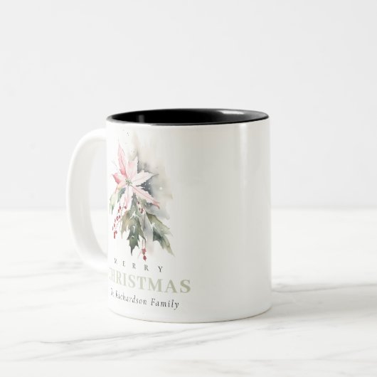 Christmas Poinsettia Berries Foliage Waterverf Tweekleurige Koffiemok (Voorkant links)
