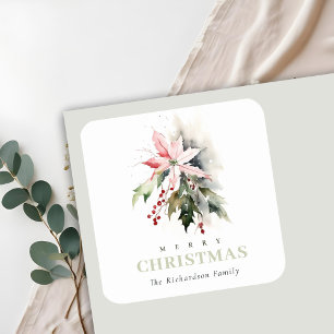 Christmas Poinsettia Berries Foliage Waterverf Vierkante Sticker