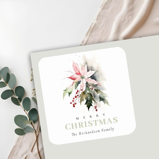 Christmas Poinsettia Berries Foliage Waterverf Vierkante Sticker