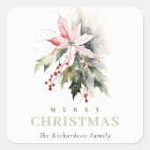 Christmas Poinsettia Berries Foliage Waterverf Vierkante Sticker (Voorkant)