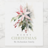 Christmas Poinsettia Berries Foliage Waterverf Wijn Etiket (Enkel label)