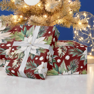 Christmas Poinsettia Donkerrood Wit Groen  Cadeaupapier