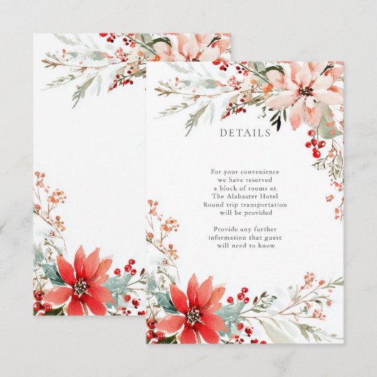 Christmas Poinsettia floral Wedding Details Informatiekaartje (Voorkant / Achterkant)