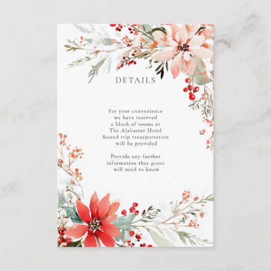 Christmas Poinsettia floral Wedding Details Informatiekaartje (Voorkant)