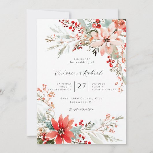 Christmas Poinsettia floral Wedding Invitation Kaart (Voorkant)
