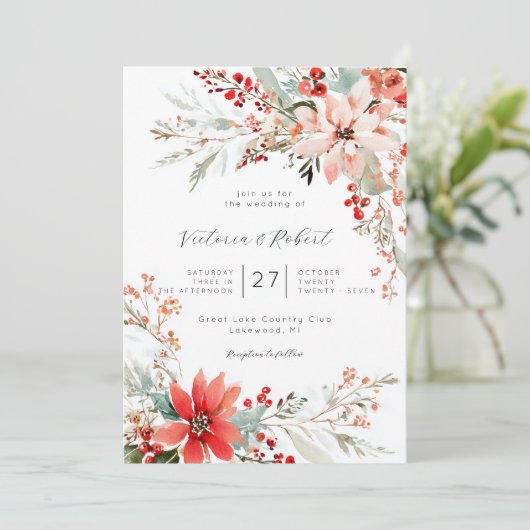 Christmas Poinsettia floral Wedding Invitation Kaart (Staand voorkant)
