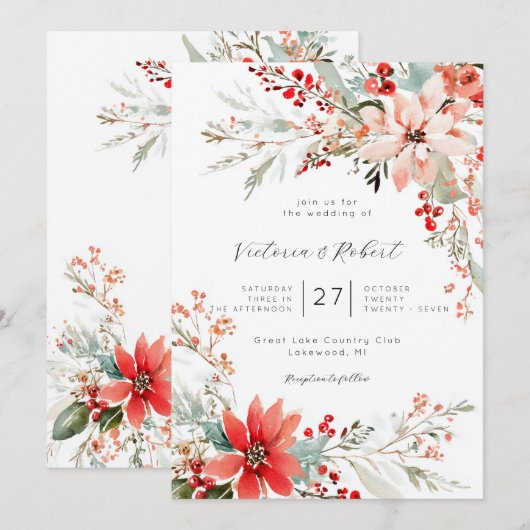 Christmas Poinsettia floral Wedding Invitation Kaart (Voorkant / Achterkant)