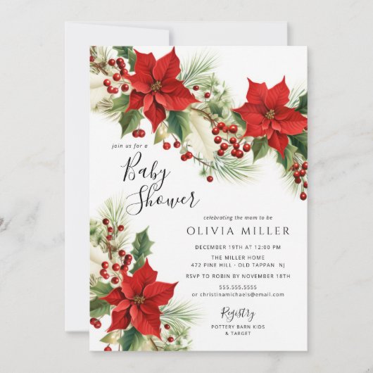 Christmas Poinsettia Flowers Baby shower Kaart (Voorkant)