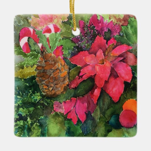 Christmas Poinsettia Originele Waterverf Schilderi Keramisch Ornament (Voorkant)