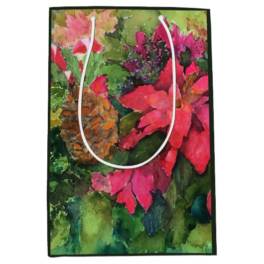 Christmas Poinsettia Originele Waterverf Schilderi Medium Cadeauzakje (Voorkant)