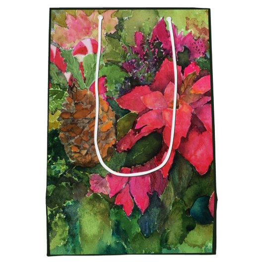 Christmas Poinsettia Originele Waterverf Schilderi Medium Cadeauzakje (Achterkant)