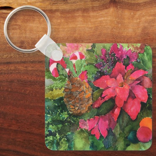 Christmas Poinsettia Originele Waterverf Schilderi Sleutelhanger (Voorkant)