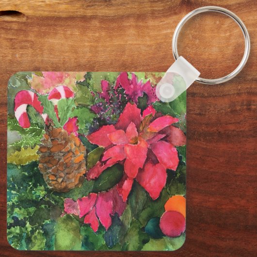 Christmas Poinsettia Originele Waterverf Schilderi Sleutelhanger (Achterkant)