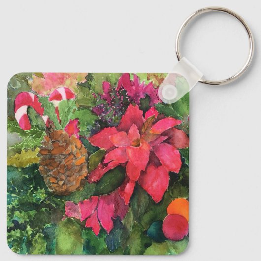 Christmas Poinsettia Originele Waterverf Schilderi Sleutelhanger (Achterkant)