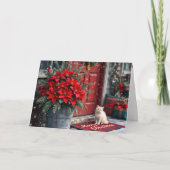 Christmas Poinsettias and White Cat On Doormat Feestdagen Kaart (Voorkant)